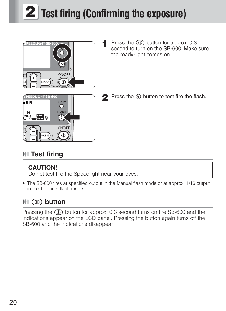 Test firing (confirming the exposure) | Nikon Speedlight SB-600 User Manual | Page 20 / 92