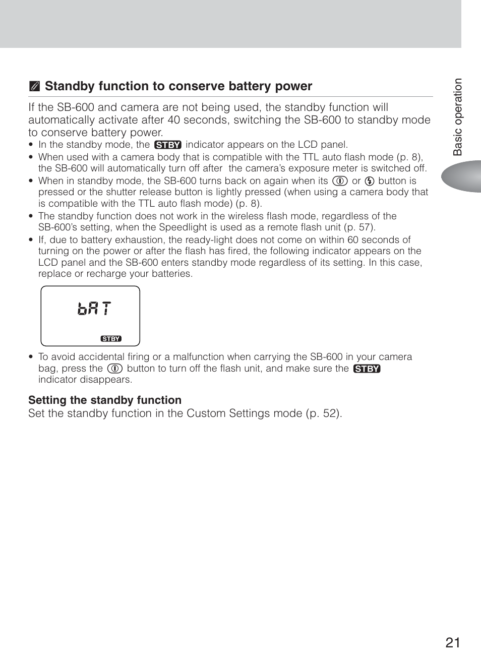 T standby function to conserve battery power | Nikon Speedlight SB-600 User Manual | Page 21 / 92