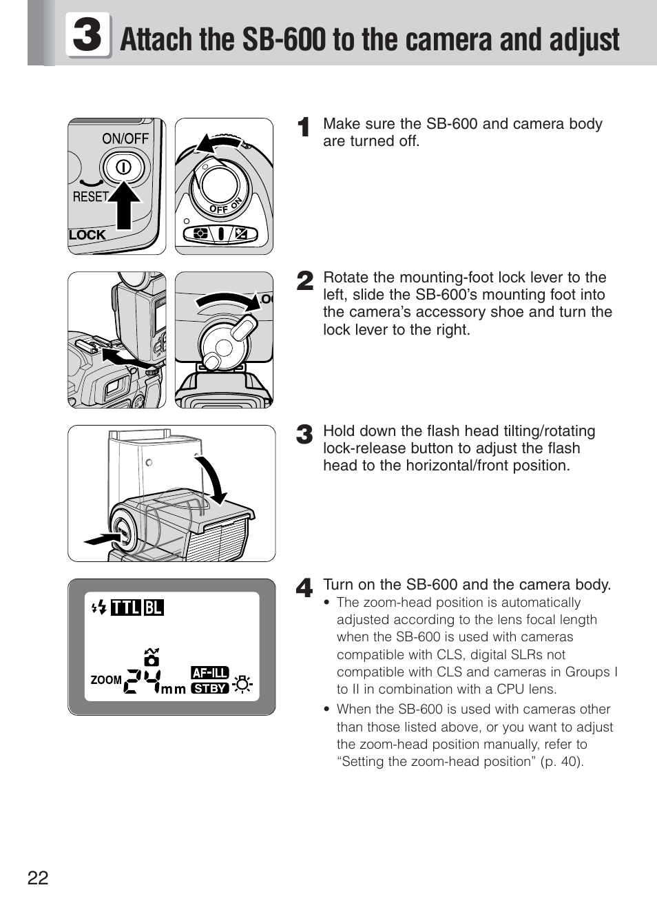 Attach the sb-600 to the camera and adjust | Nikon Speedlight SB-600 User Manual | Page 22 / 92