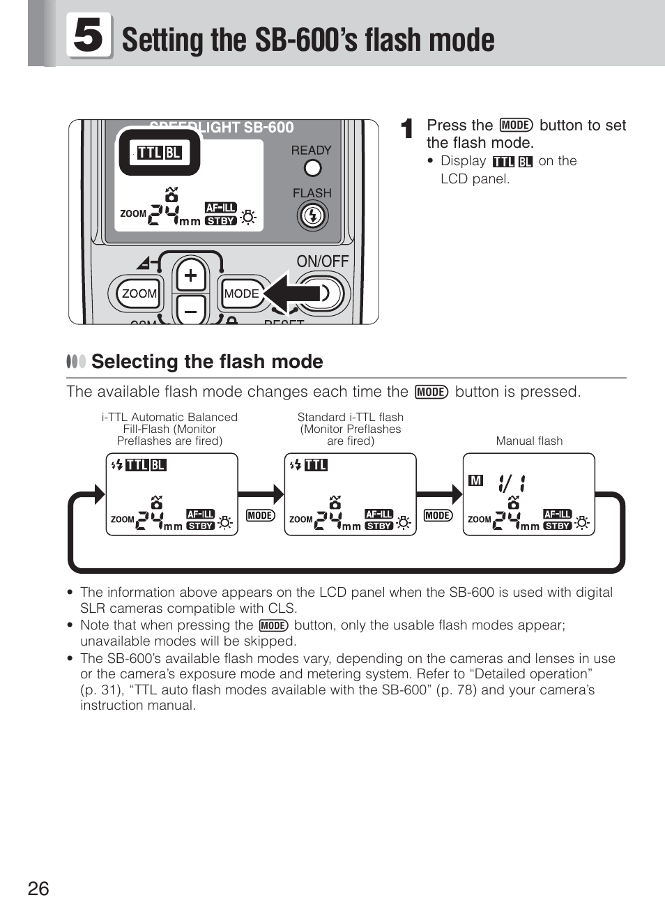 Setting the sb-600’s flash mode, Selecting the flash mode | Nikon Speedlight SB-600 User Manual | Page 26 / 92