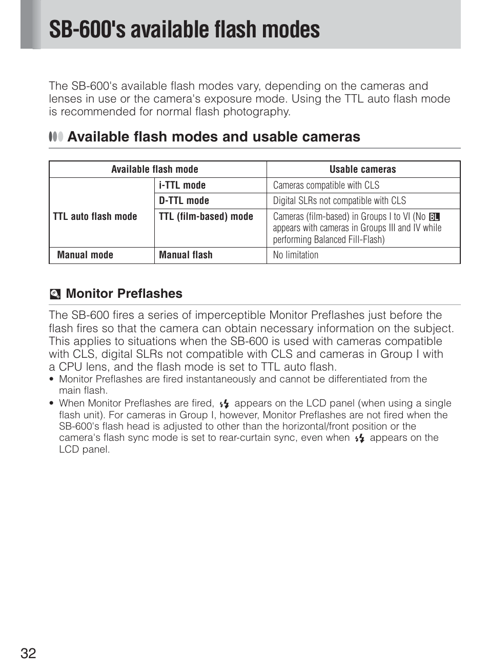 Sb-600's available flash modes, Available flash modes and usable cameras | Nikon Speedlight SB-600 User Manual | Page 32 / 92