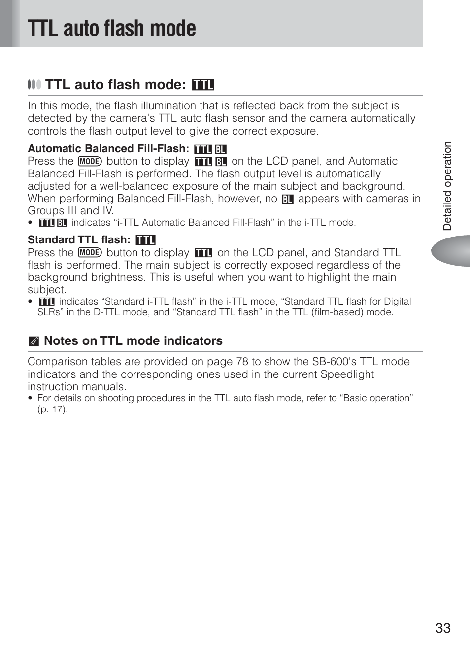 Ttl auto flash mode, Ttl auto flash mode: d | Nikon Speedlight SB-600 User Manual | Page 33 / 92