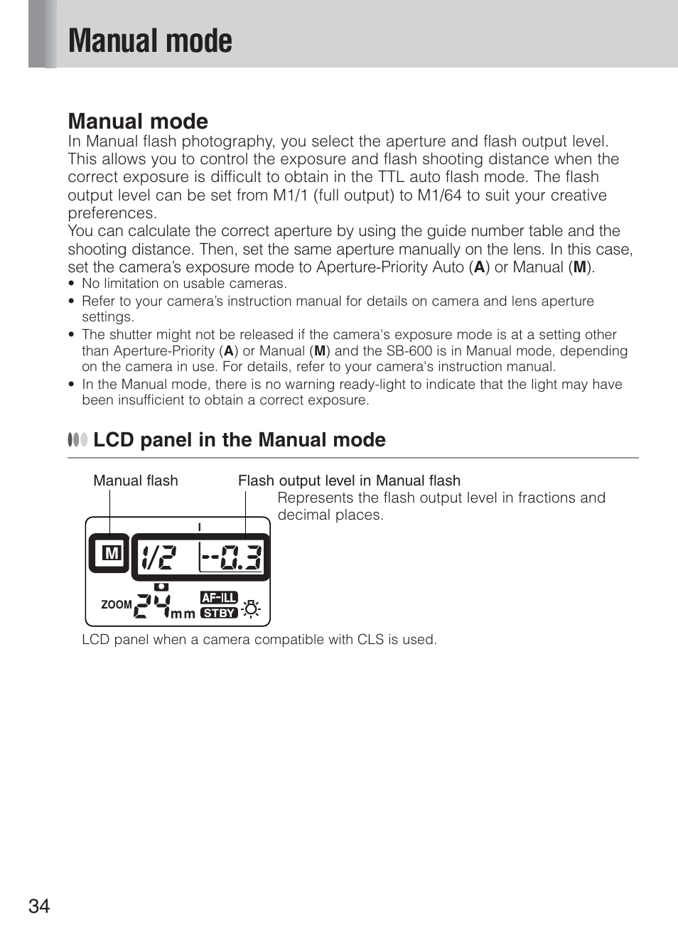 Manual mode, Lcd panel in the manual mode | Nikon Speedlight SB-600 User Manual | Page 34 / 92
