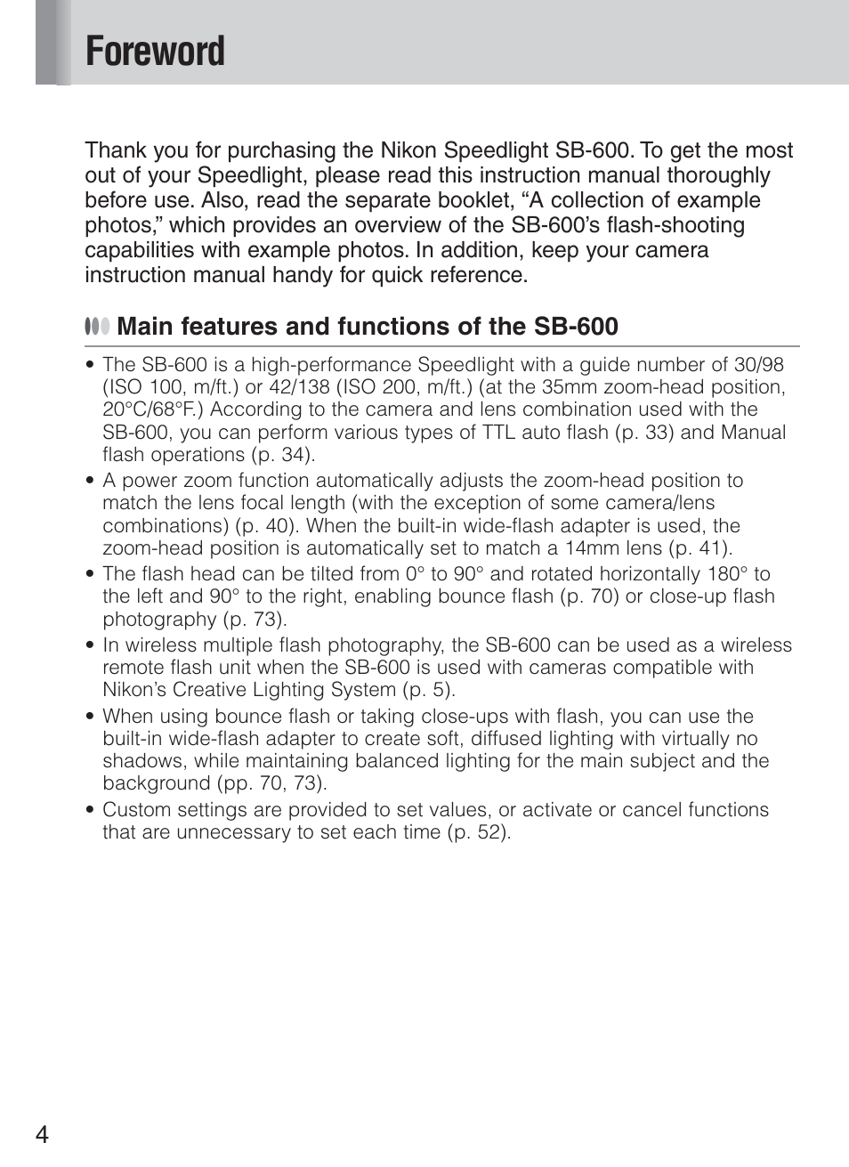 Foreword | Nikon Speedlight SB-600 User Manual | Page 4 / 92