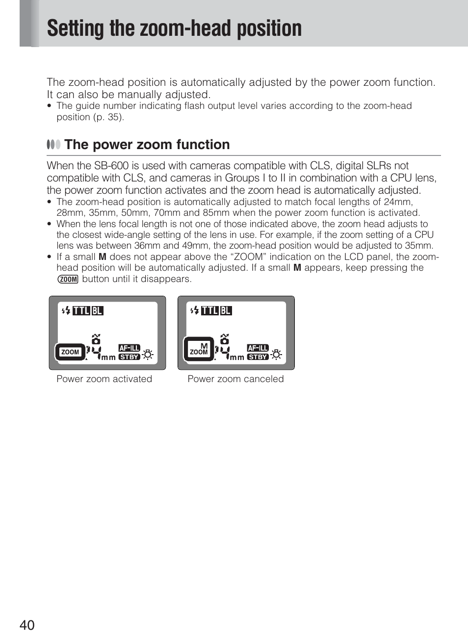 Setting the zoom-head position, The power zoom function | Nikon Speedlight SB-600 User Manual | Page 40 / 92