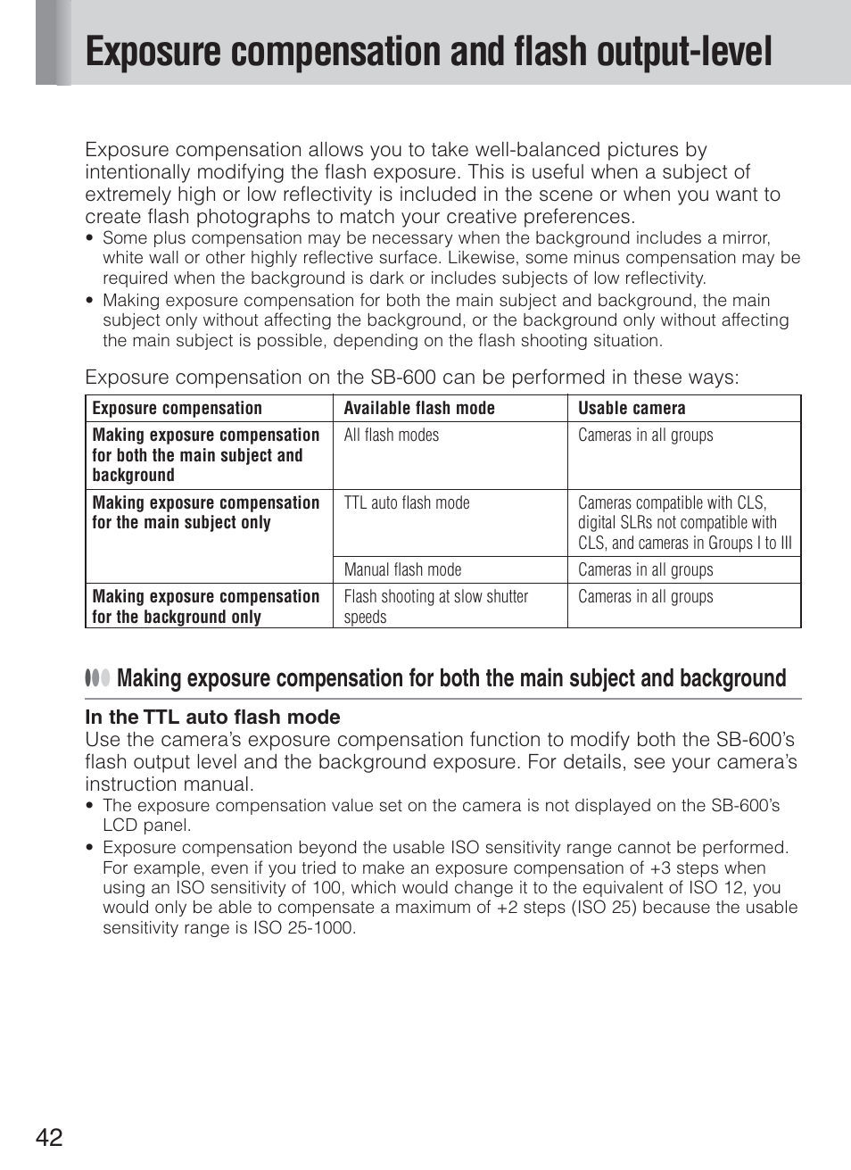 Exposure compensation and flash output-level | Nikon Speedlight SB-600 User Manual | Page 42 / 92