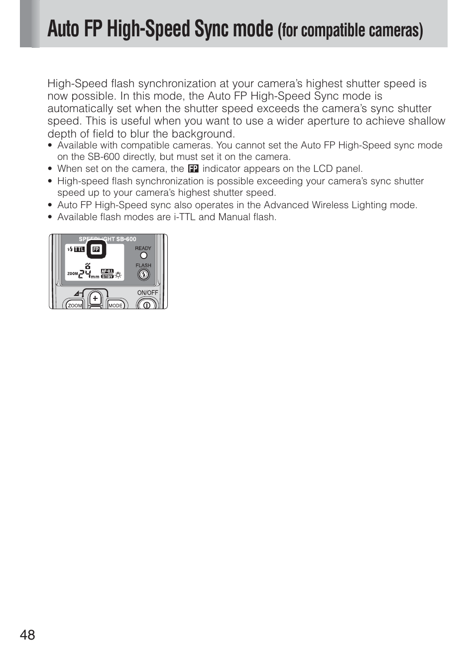 Auto fp high-speed sync mode, For compatible cameras) | Nikon Speedlight SB-600 User Manual | Page 48 / 92