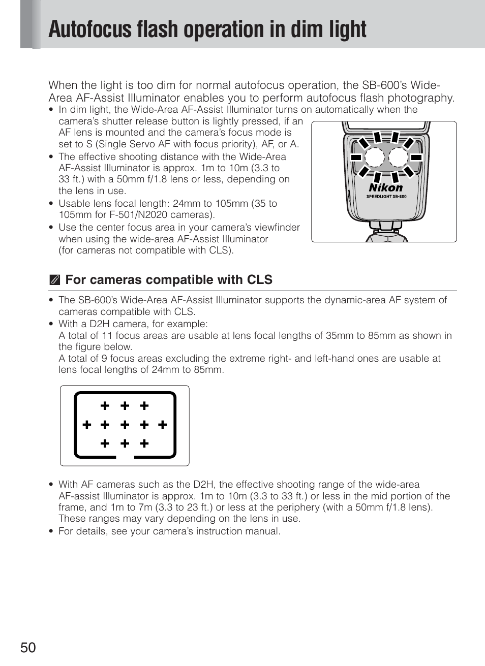 Autofocus flash operation in dim light, T for cameras compatible with cls | Nikon Speedlight SB-600 User Manual | Page 50 / 92