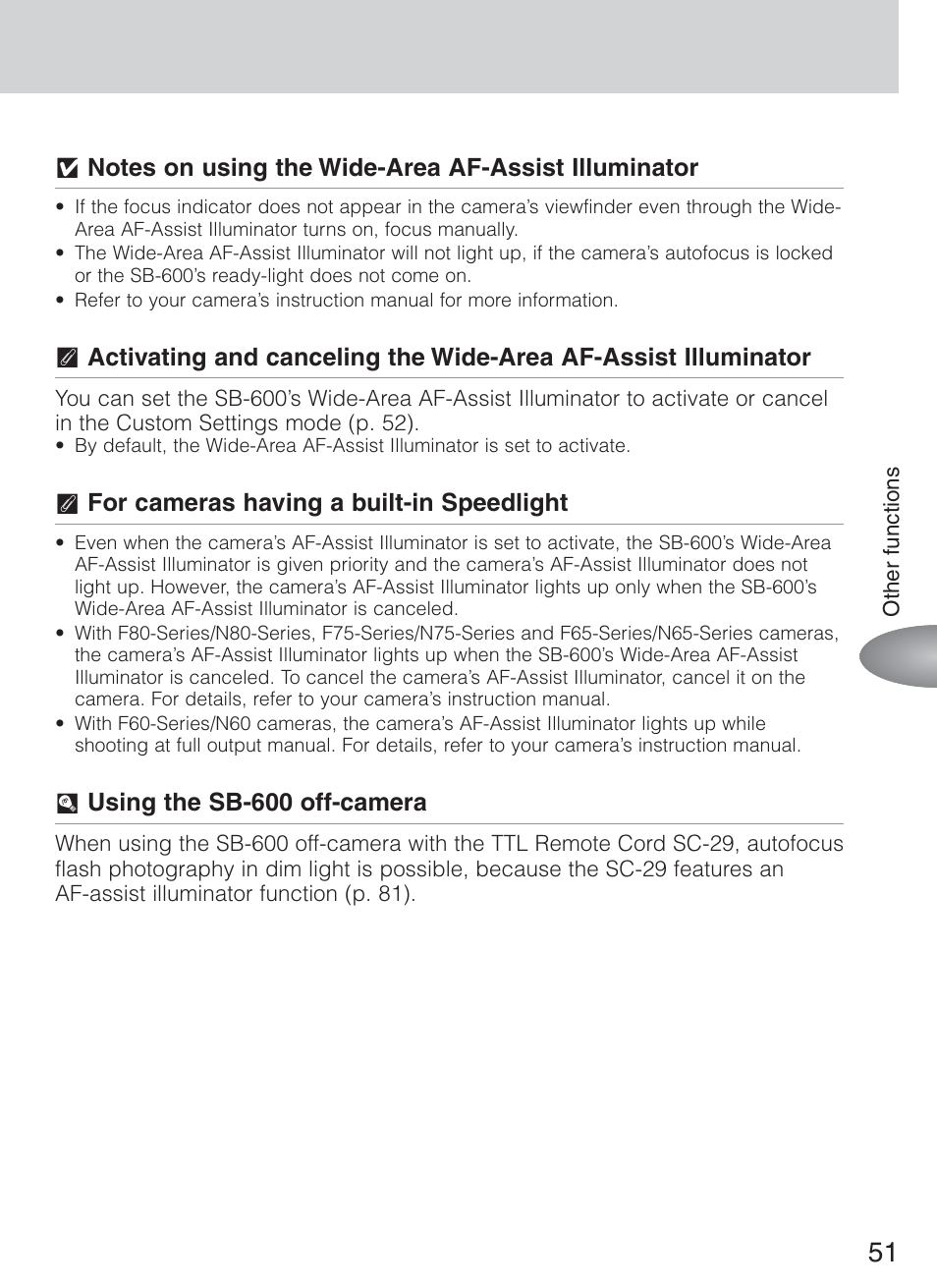 T for cameras having a built-in speedlight, U using the sb-600 off-camera | Nikon Speedlight SB-600 User Manual | Page 51 / 92