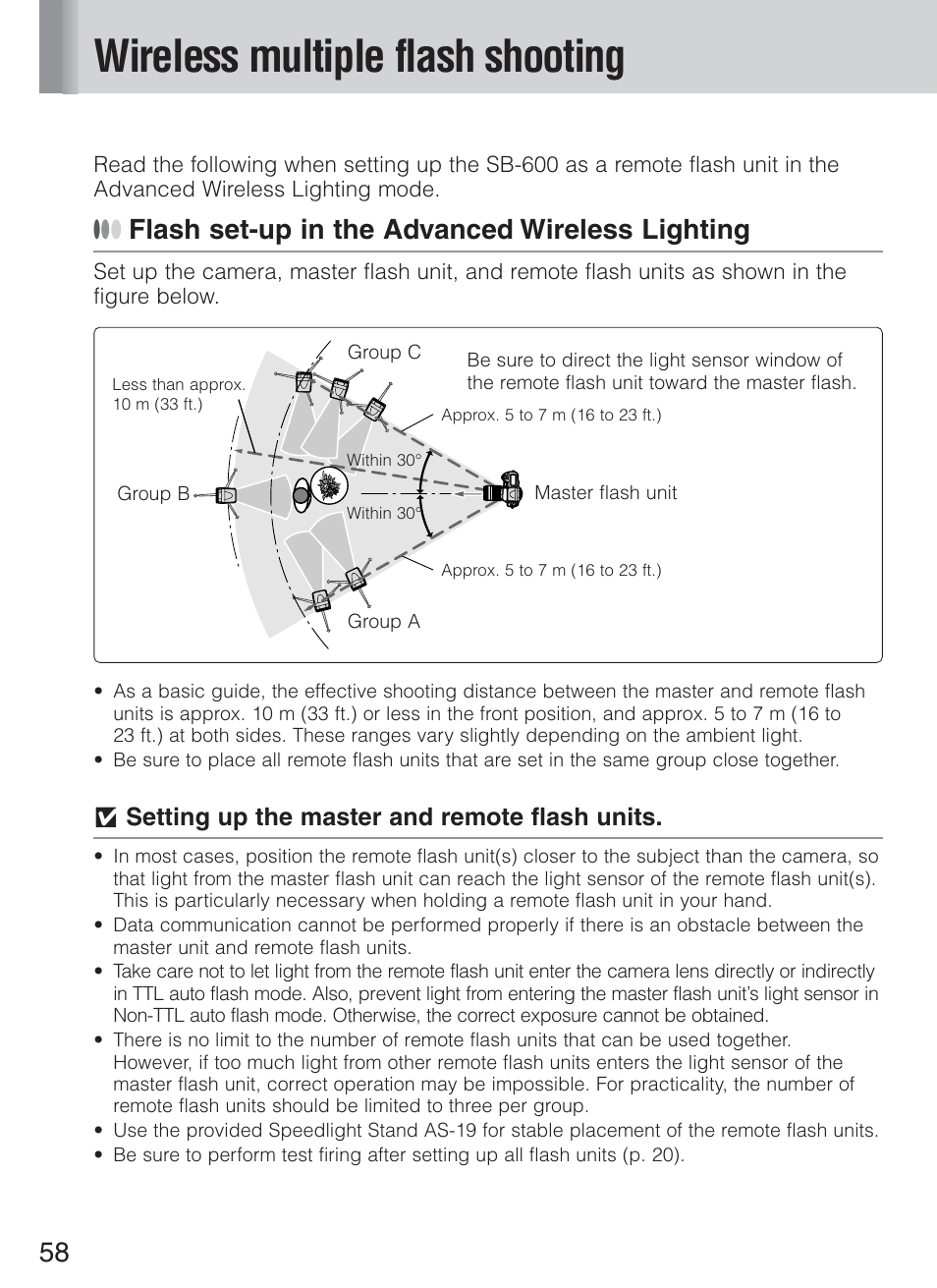 Wireless multiple flash shooting, Flash set-up in the advanced wireless lighting, V setting up the master and remote flash units | Nikon Speedlight SB-600 User Manual | Page 58 / 92