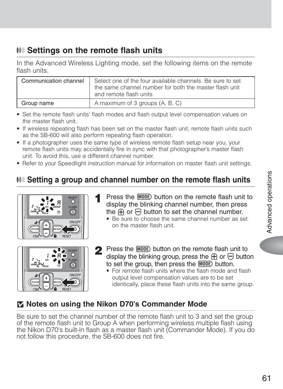 61 ● ● ● settings on the remote flash units | Nikon Speedlight SB-600 User Manual | Page 61 / 92