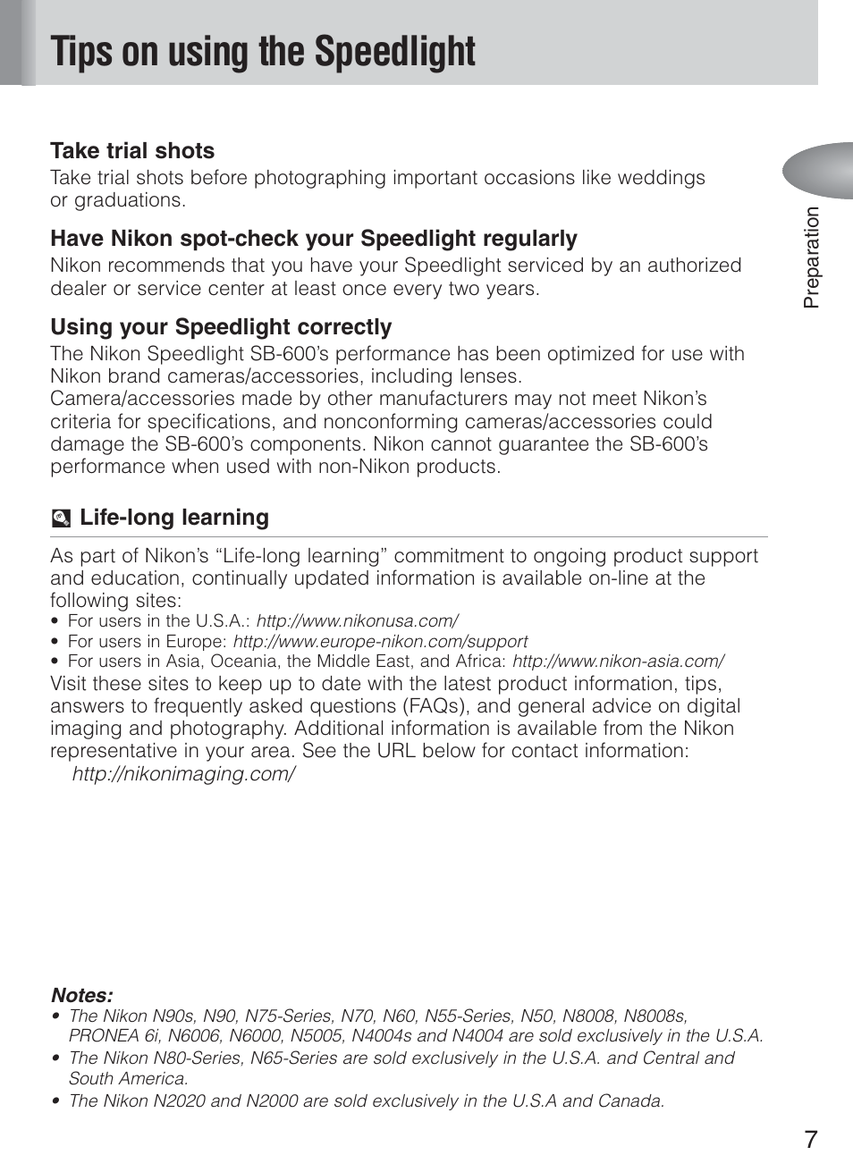 Tips on using the speedlight | Nikon Speedlight SB-600 User Manual | Page 7 / 92