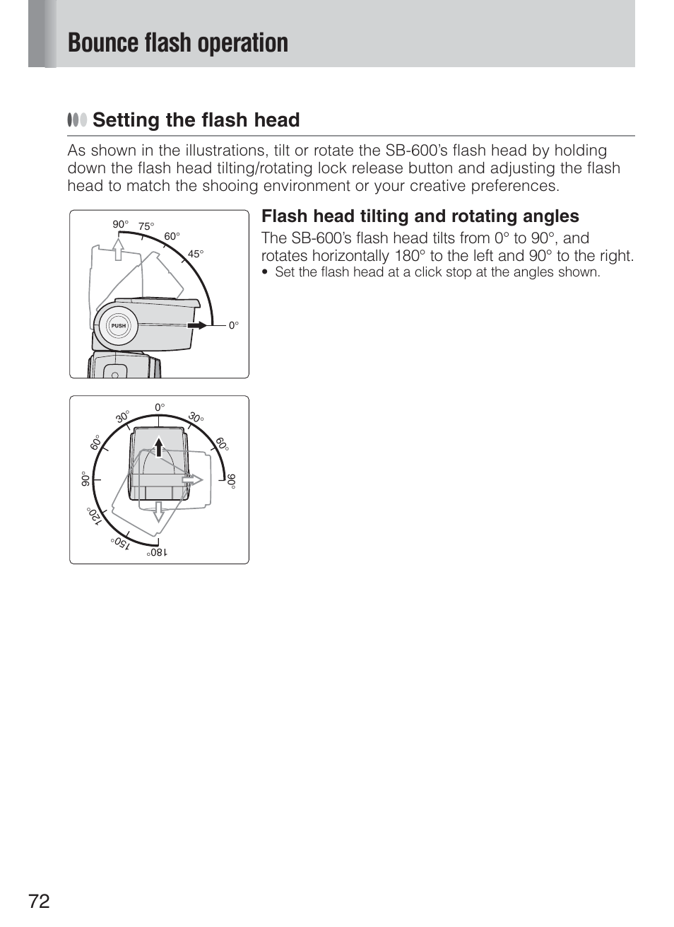 Bounce flash operation, Setting the flash head, Flash head tilting and rotating angles | Nikon Speedlight SB-600 User Manual | Page 72 / 92