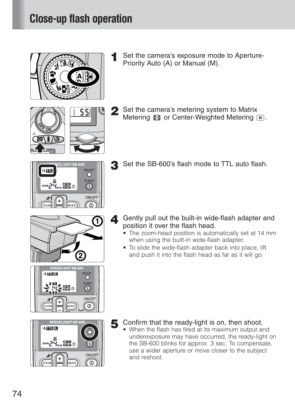 Close-up flash operation | Nikon Speedlight SB-600 User Manual | Page 74 / 92