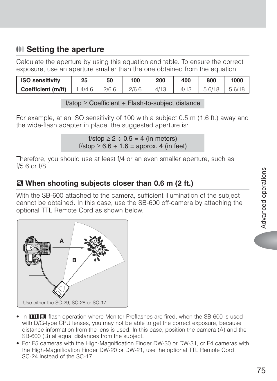 Setting the aperture, U when shooting subjects closer than 0.6 m (2 ft.) | Nikon Speedlight SB-600 User Manual | Page 75 / 92