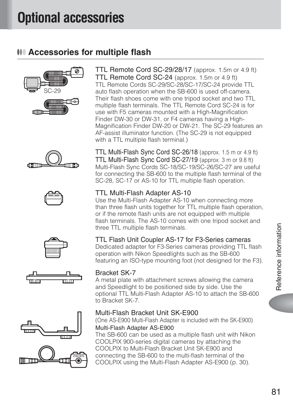 Optional accessories, 81 ● ● ● accessories for multiple flash | Nikon Speedlight SB-600 User Manual | Page 81 / 92