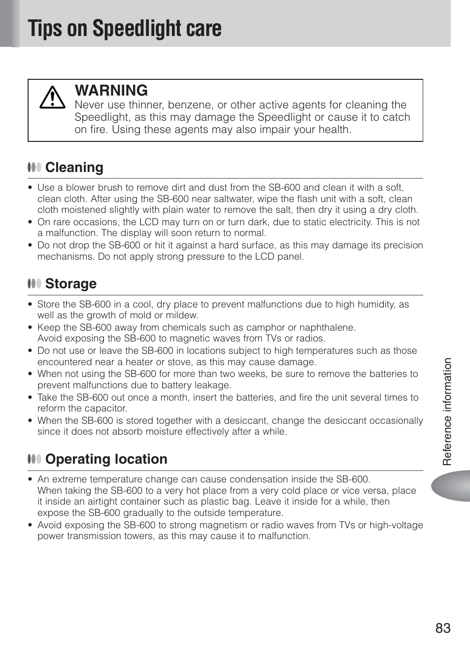 Tips on speedlight care, Warning, Cleaning | Storage, Operating location | Nikon Speedlight SB-600 User Manual | Page 83 / 92