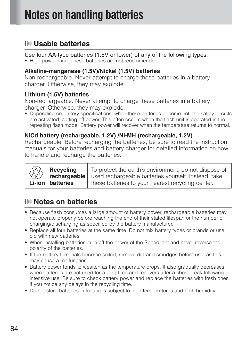 Usable batteries | Nikon Speedlight SB-600 User Manual | Page 84 / 92