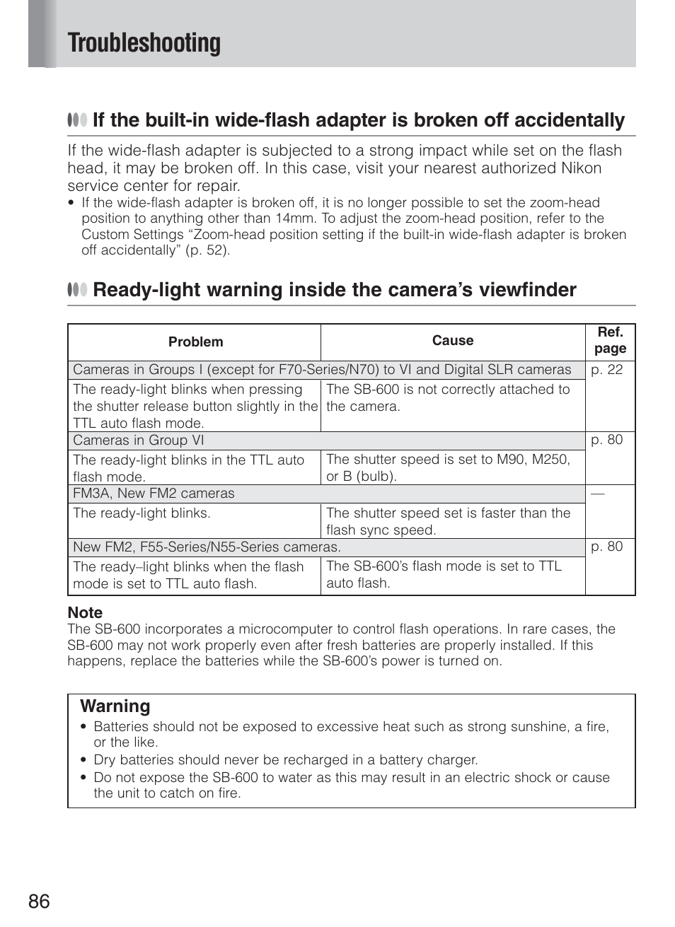 Troubleshooting, Ready-light warning inside the camera’s viewfinder | Nikon Speedlight SB-600 User Manual | Page 86 / 92