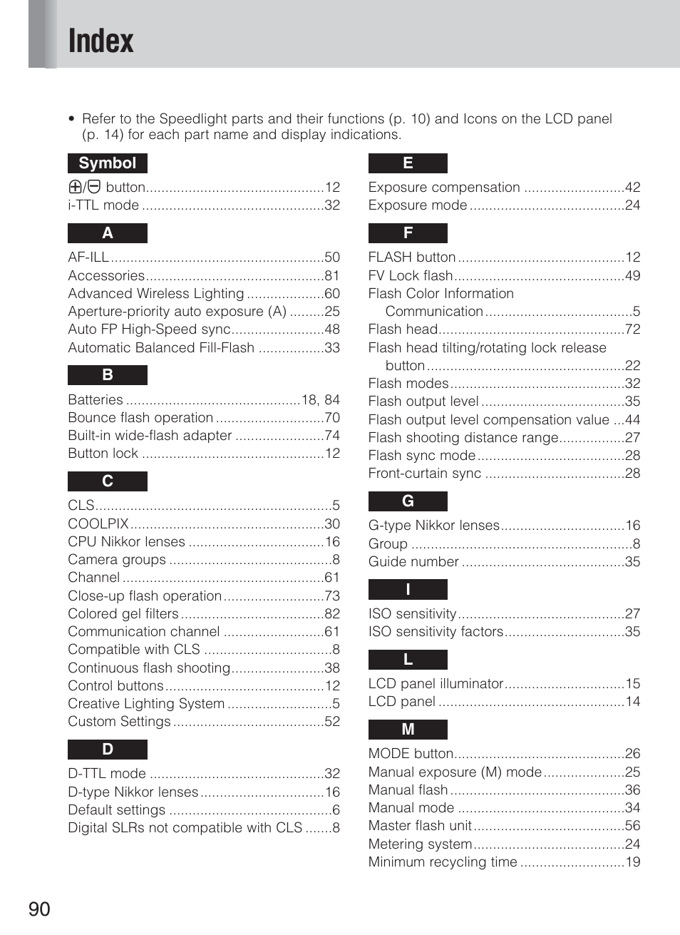 Index | Nikon Speedlight SB-600 User Manual | Page 90 / 92