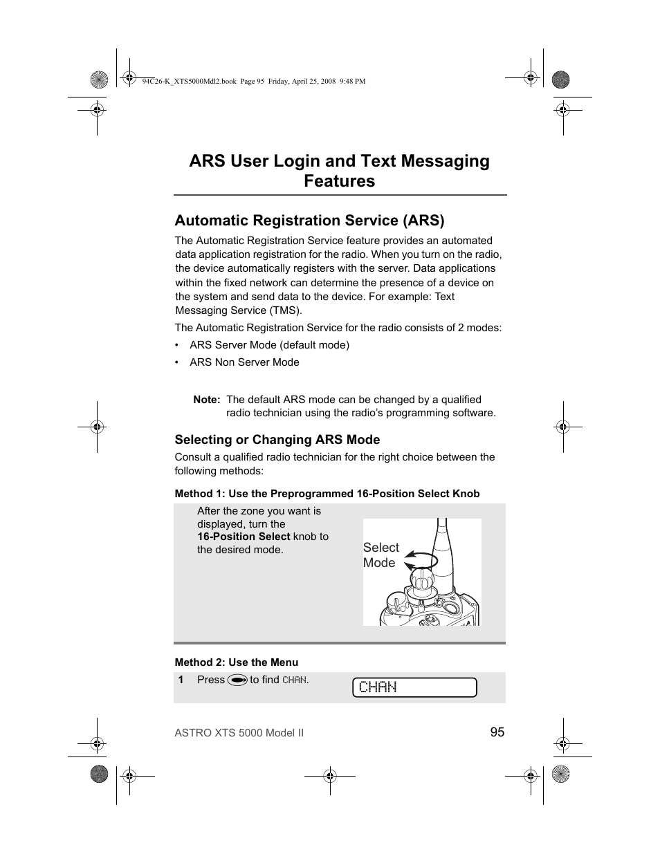 Ars user login and text messaging features, Automatic registration service (ars), Selecting or changing ars mode | Chan | Nikon ASTRO XTS-5000 User Manual | Page 108 / 163