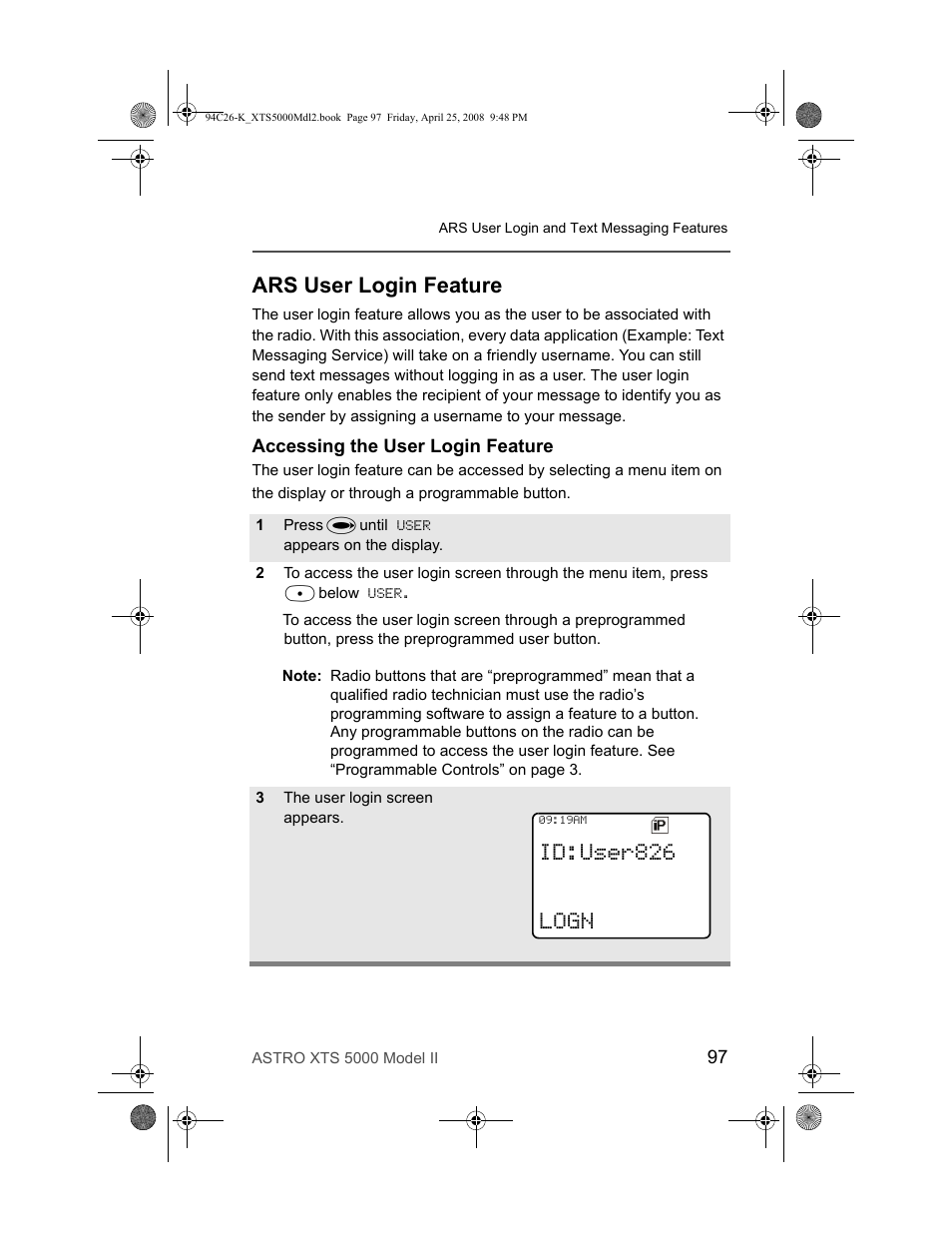 Ars user login feature, Accessing the user login feature, Id:user826 logn | Nikon ASTRO XTS-5000 User Manual | Page 110 / 163