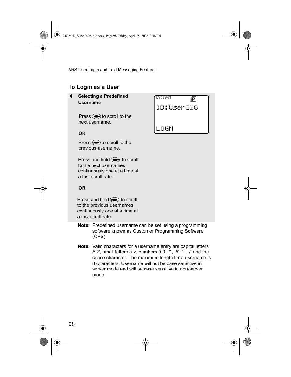 To login as a user, Id:user826 logn | Nikon ASTRO XTS-5000 User Manual | Page 111 / 163