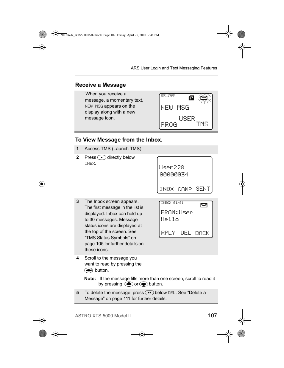 Receive a message, To view message from the inbox, Receive a message to view message from the inbox | New msg, Prog user tms, Del back | Nikon ASTRO XTS-5000 User Manual | Page 120 / 163