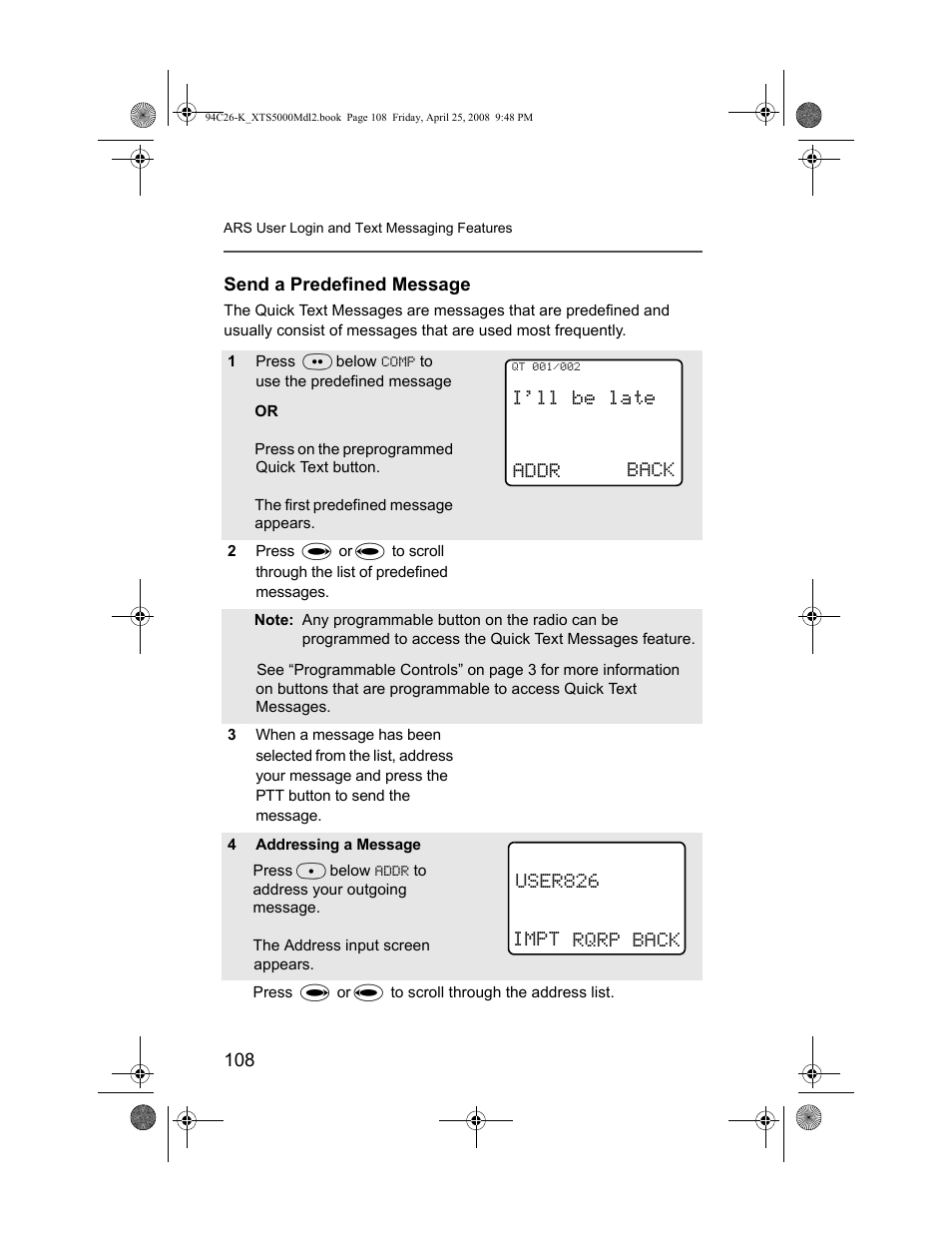 Send a predefined message, I’ll be late addr back user826 impt rqrp back | Nikon ASTRO XTS-5000 User Manual | Page 121 / 163