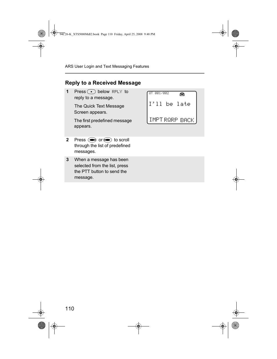 Reply to a received message, I’ll be late, Impt rqrp back | Nikon ASTRO XTS-5000 User Manual | Page 123 / 163