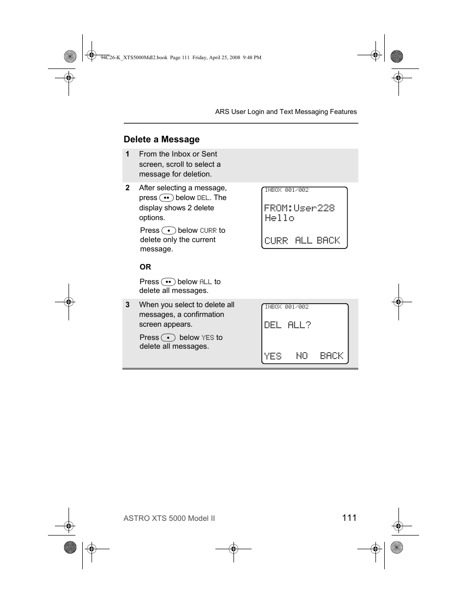 Delete a message, From:user228 hello curr, All back del all? yes | No back | Nikon ASTRO XTS-5000 User Manual | Page 124 / 163