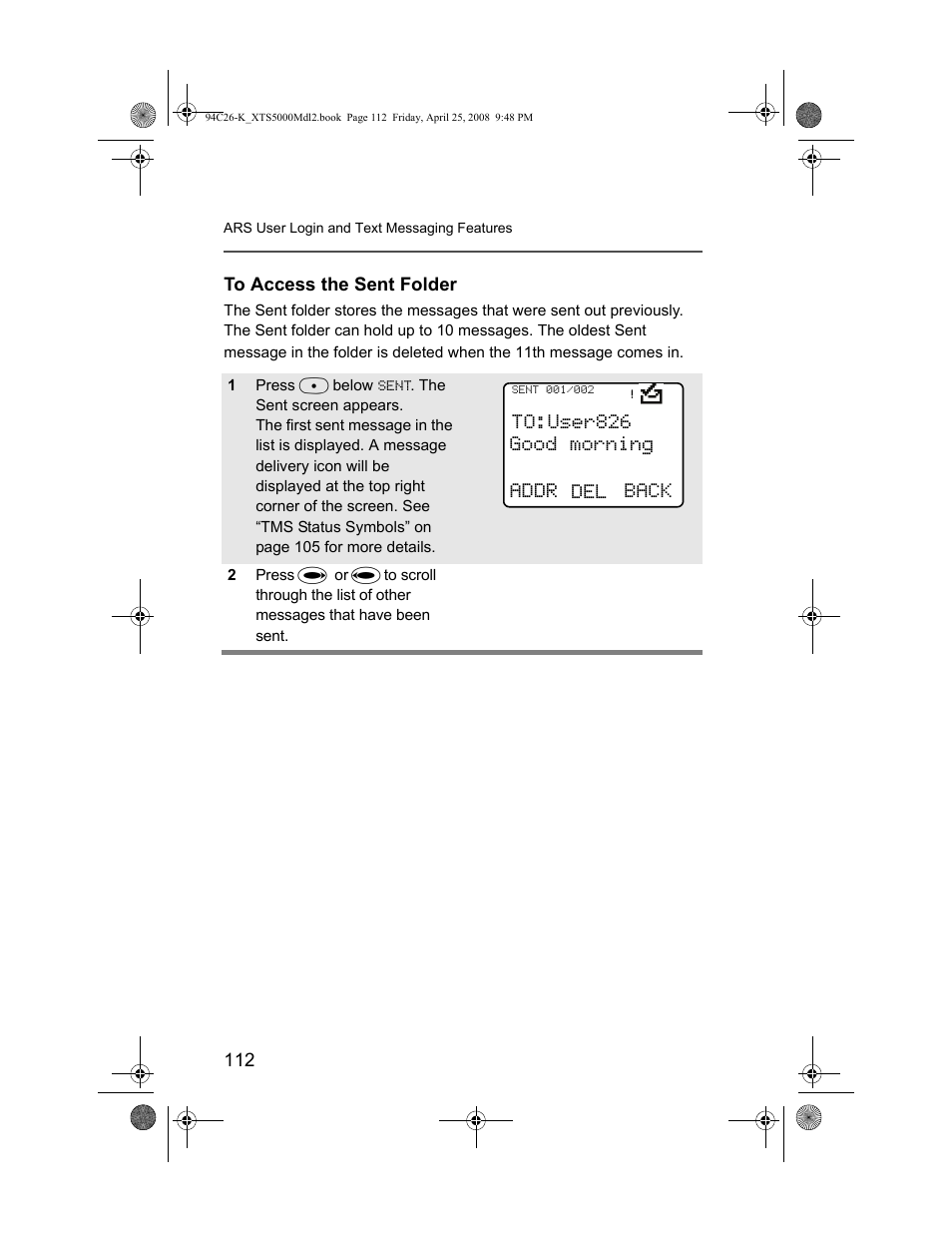 To access the sent folder, To:user826, Addr del back good morning | Nikon ASTRO XTS-5000 User Manual | Page 125 / 163