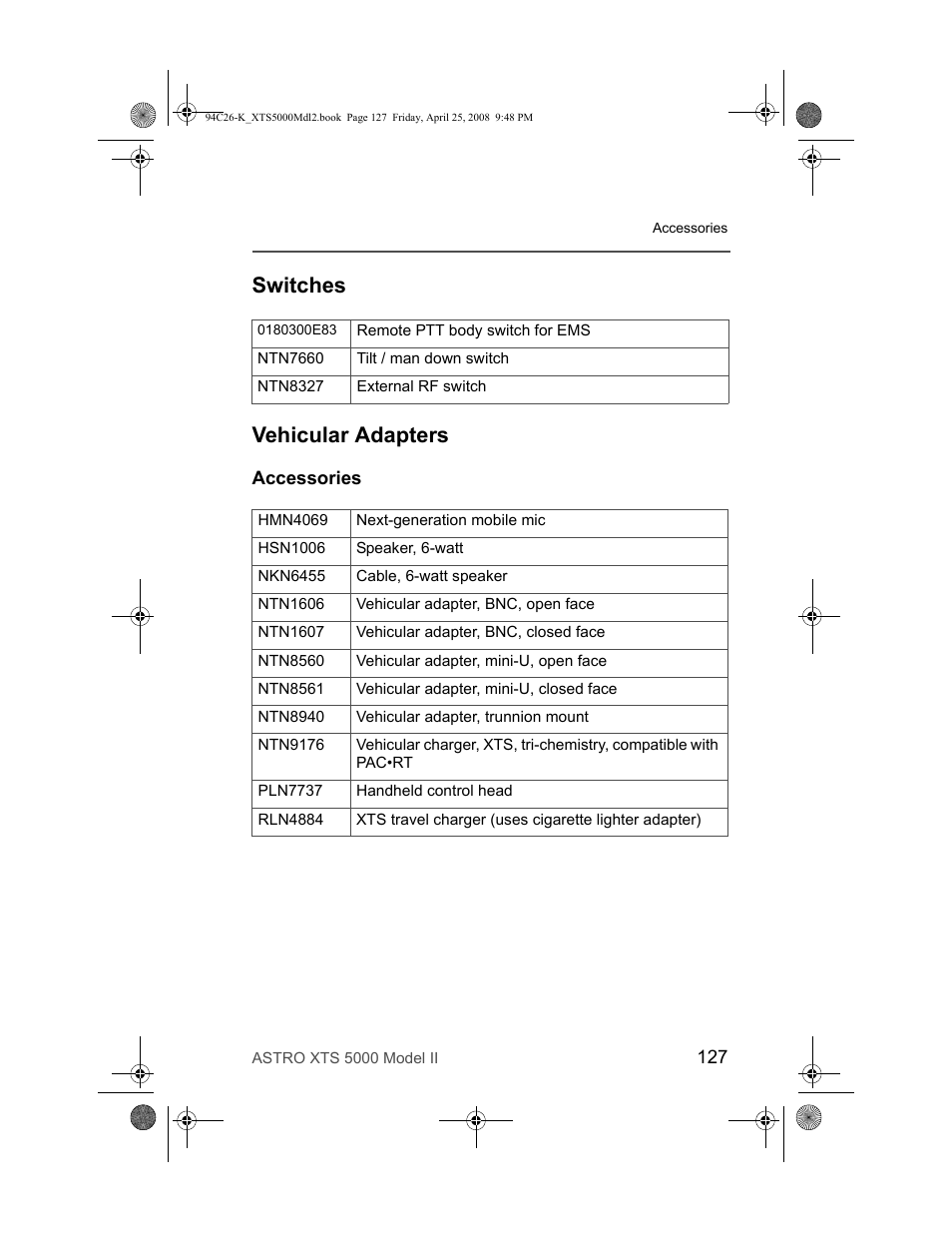 Switches, Vehicular adapters, Accessories | Switches vehicular adapters | Nikon ASTRO XTS-5000 User Manual | Page 140 / 163