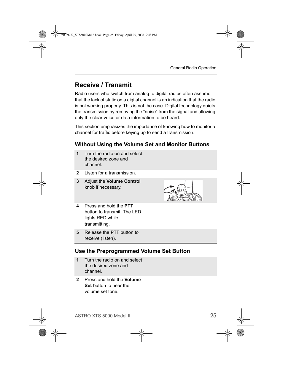 Receive / transmit, Without using the volume set and monitor buttons, Use the preprogrammed volume set button | Nikon ASTRO XTS-5000 User Manual | Page 38 / 163
