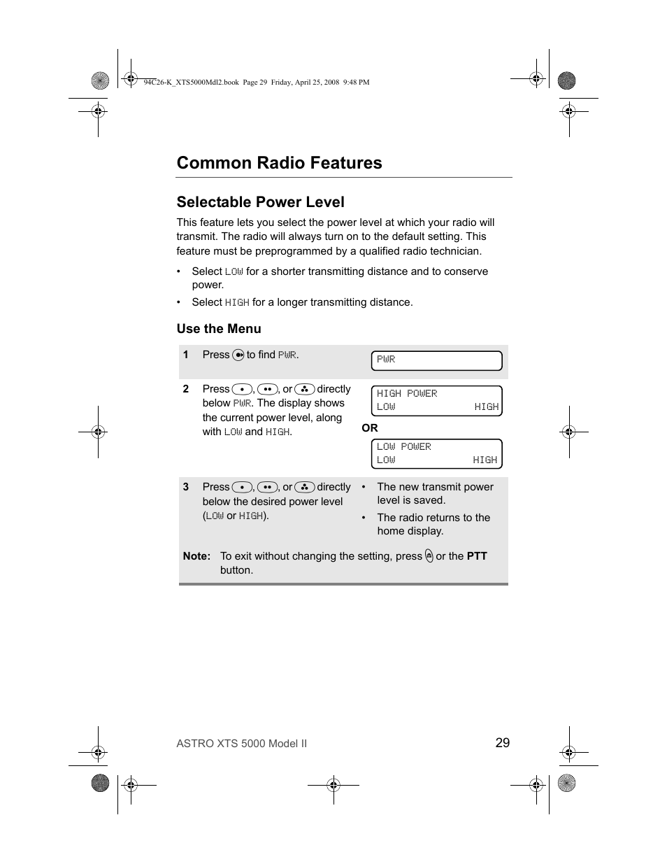 Common radio features, Selectable power level, Use the menu | Nikon ASTRO XTS-5000 User Manual | Page 42 / 163