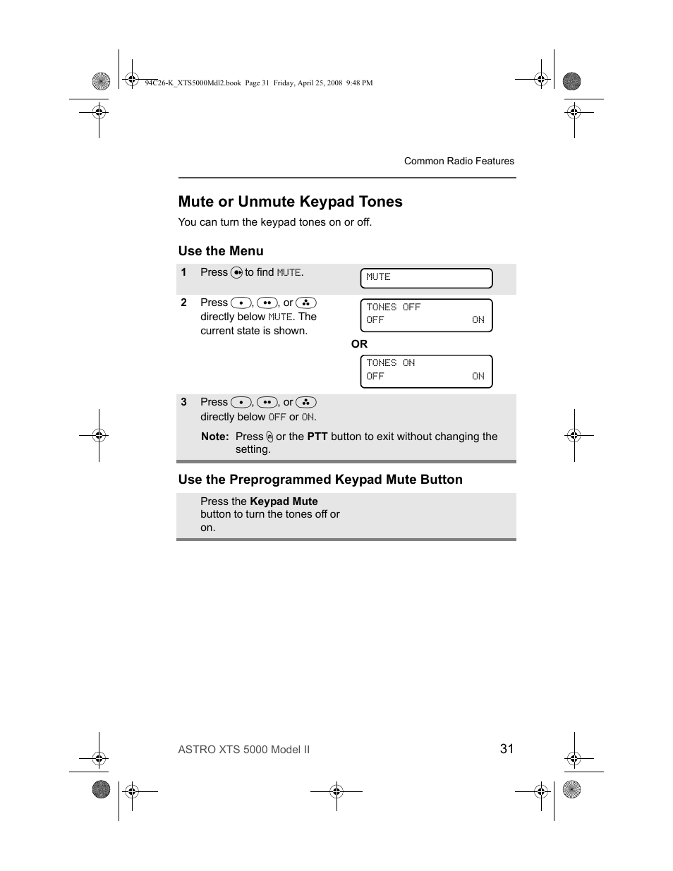 Mute or unmute keypad tones, Use the menu, Use the preprogrammed keypad mute button | Nikon ASTRO XTS-5000 User Manual | Page 44 / 163