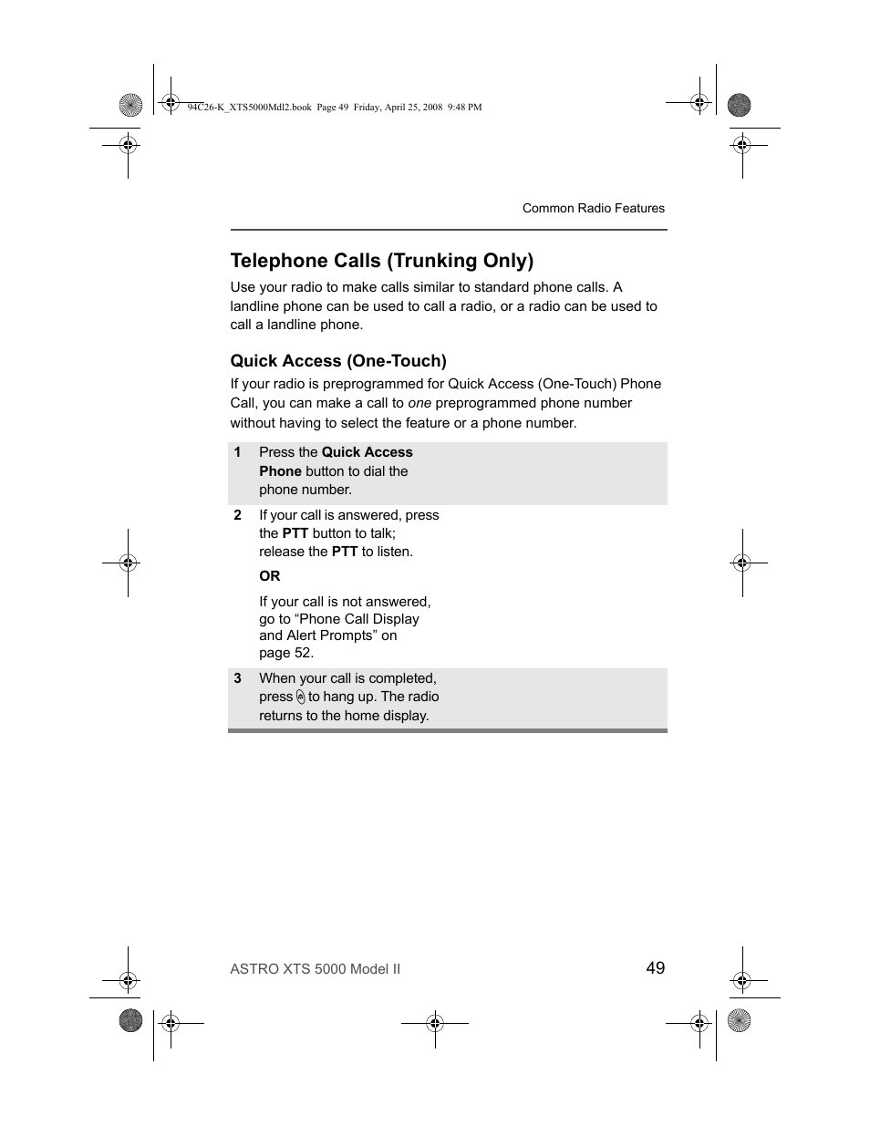 Telephone calls (trunking only), Quick access (one-touch) | Nikon ASTRO XTS-5000 User Manual | Page 62 / 163