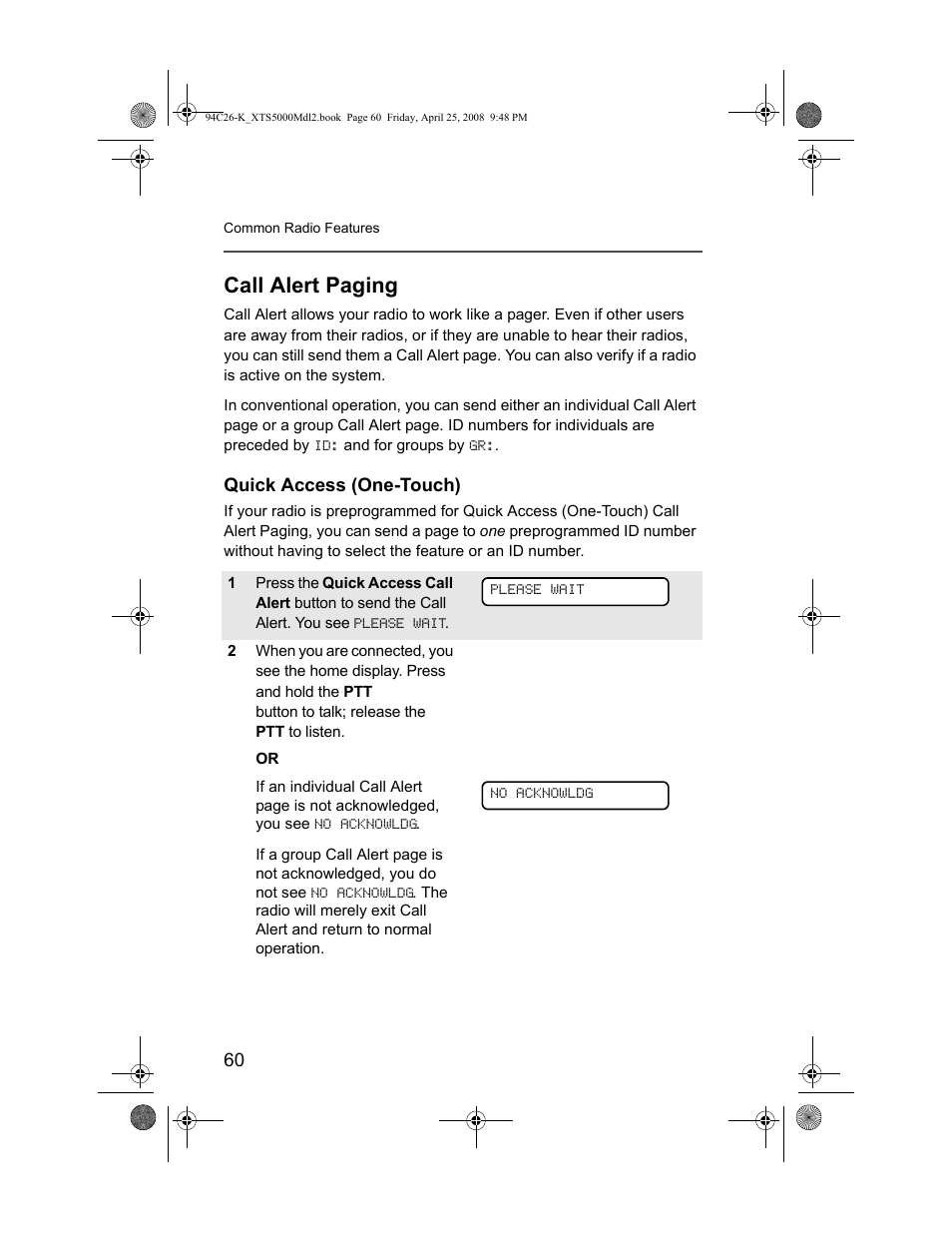 Call alert paging, Quick access (one-touch) | Nikon ASTRO XTS-5000 User Manual | Page 73 / 163