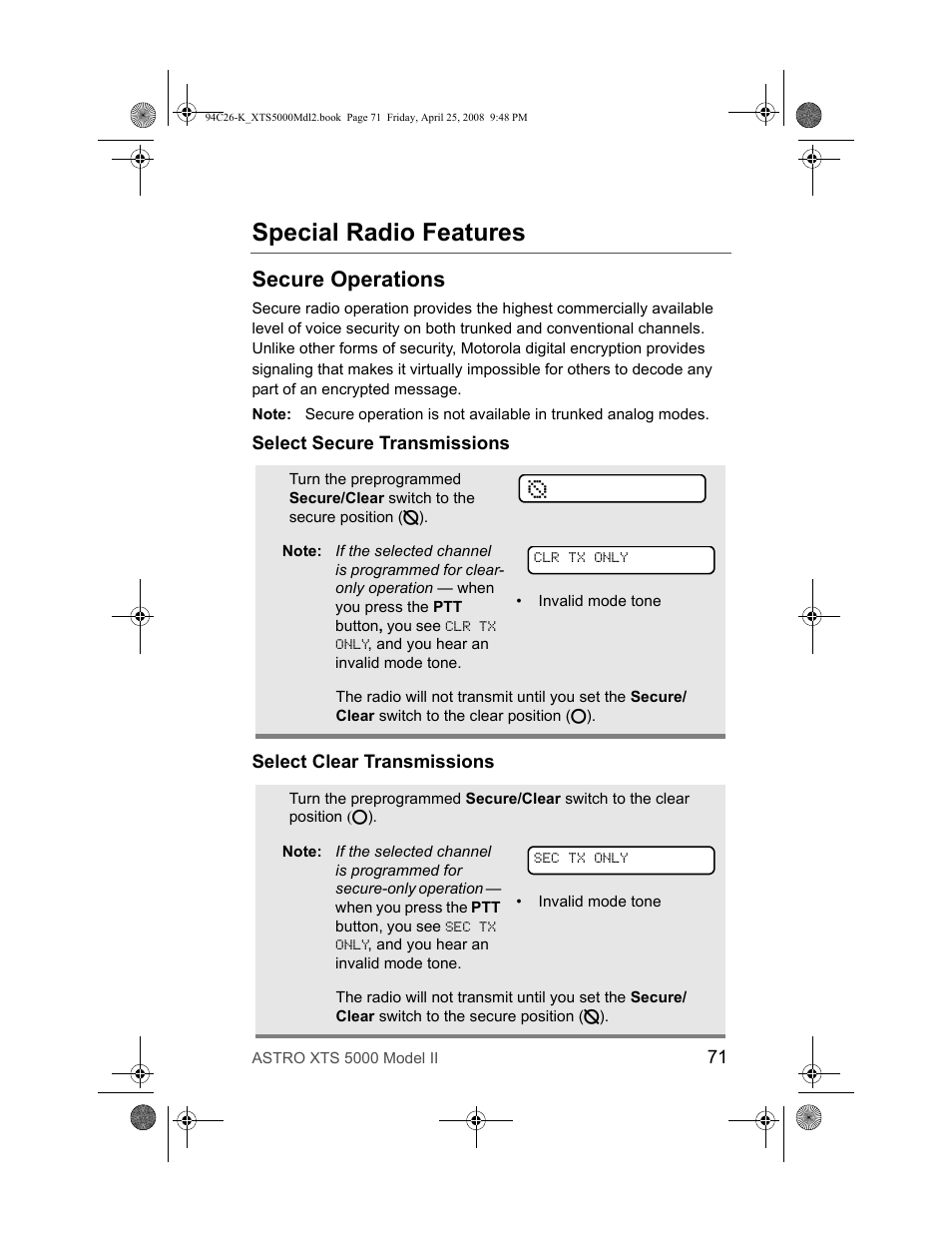 Special radio features, Secure operations, Select secure transmissions | Select clear transmissions | Nikon ASTRO XTS-5000 User Manual | Page 84 / 163