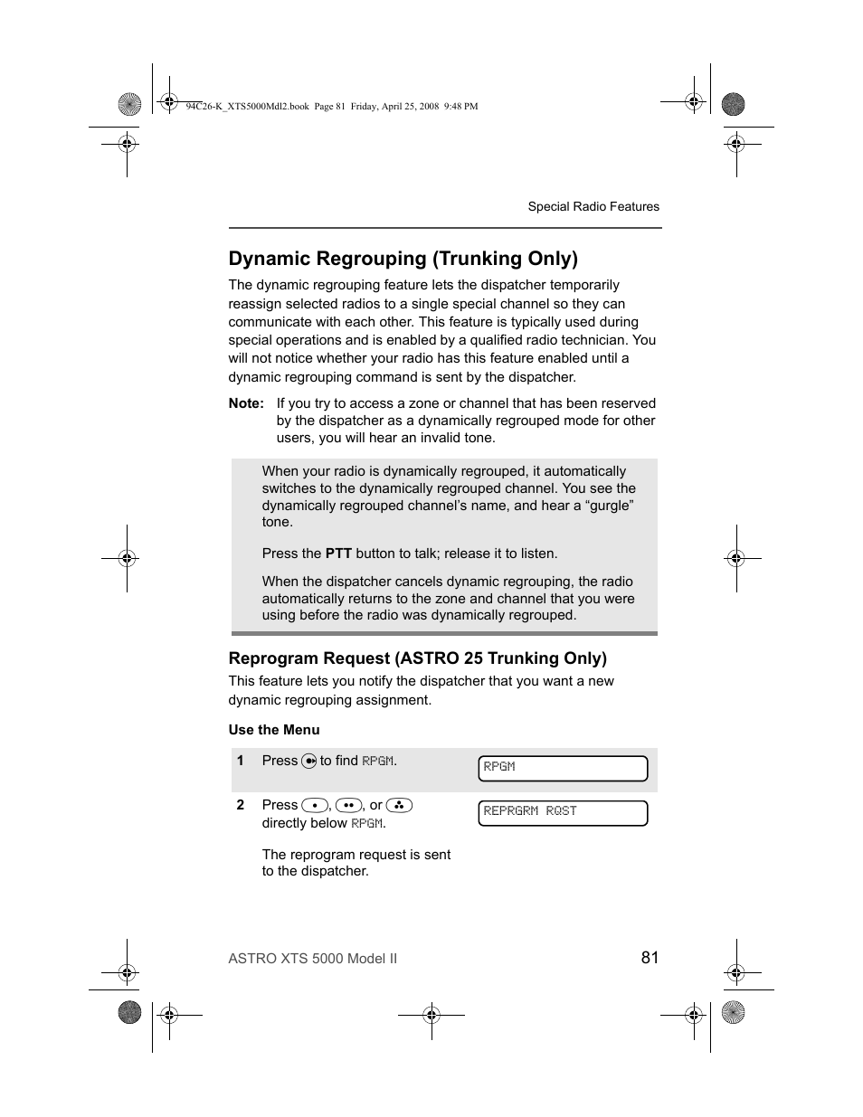 Dynamic regrouping (trunking only), Reprogram request (astro 25 trunking only) | Nikon ASTRO XTS-5000 User Manual | Page 94 / 163