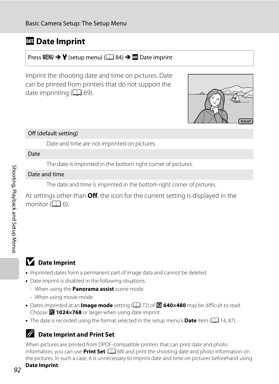 Date imprint, F date imprint, A 92) in | A 92) i, A 92 | Nikon Coolpix L24 User Manual | Page 104 / 144