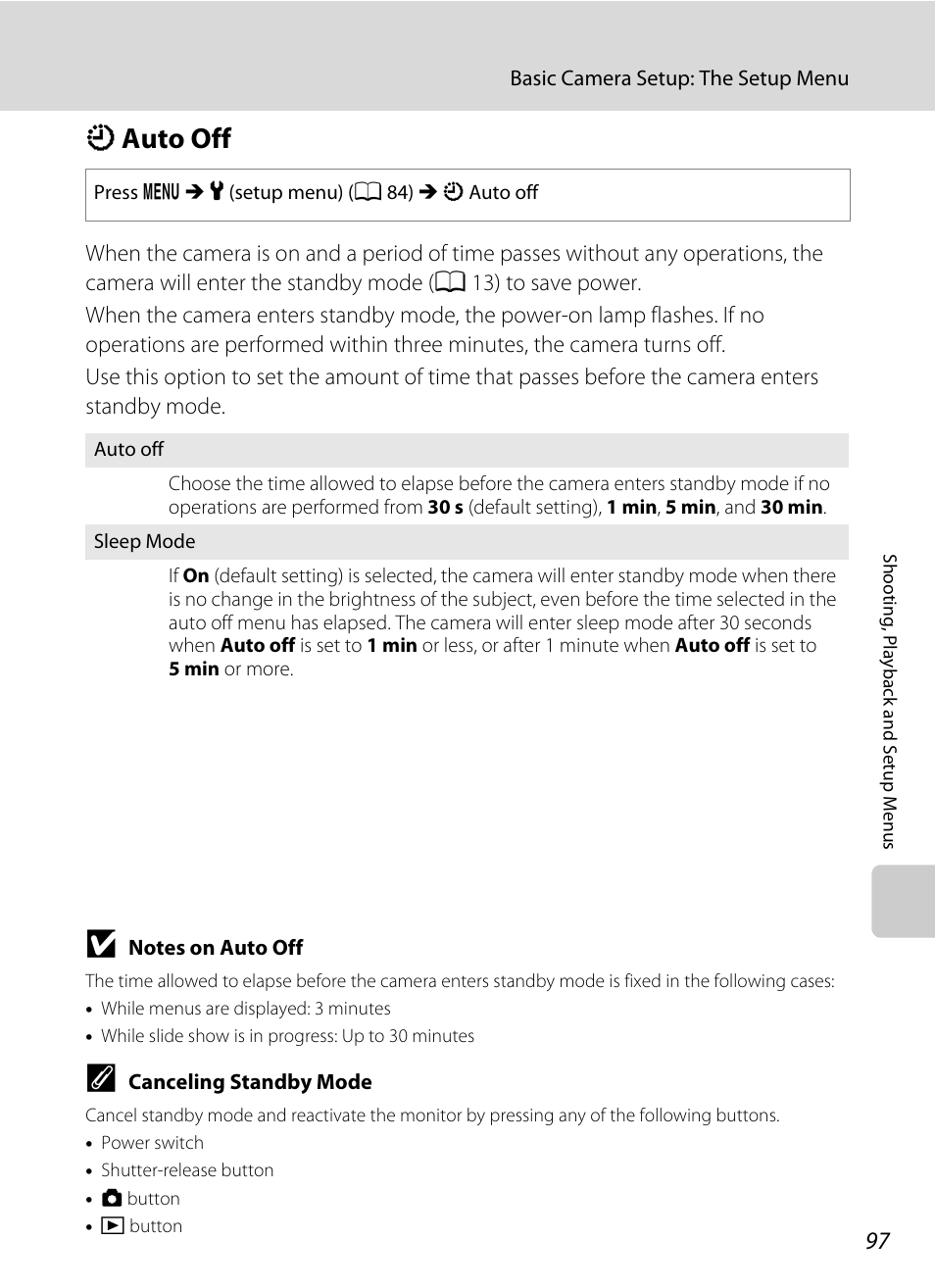 Auto off, K auto off, A 97) i | A 97), Activate it (a 97), A 97, A 97) will | Nikon Coolpix L24 User Manual | Page 109 / 144