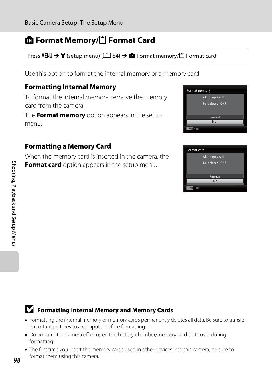 Format memory/format card, L format memory/m format card, A 98 | Basic camera setup: the setup menu | Nikon Coolpix L24 User Manual | Page 110 / 144