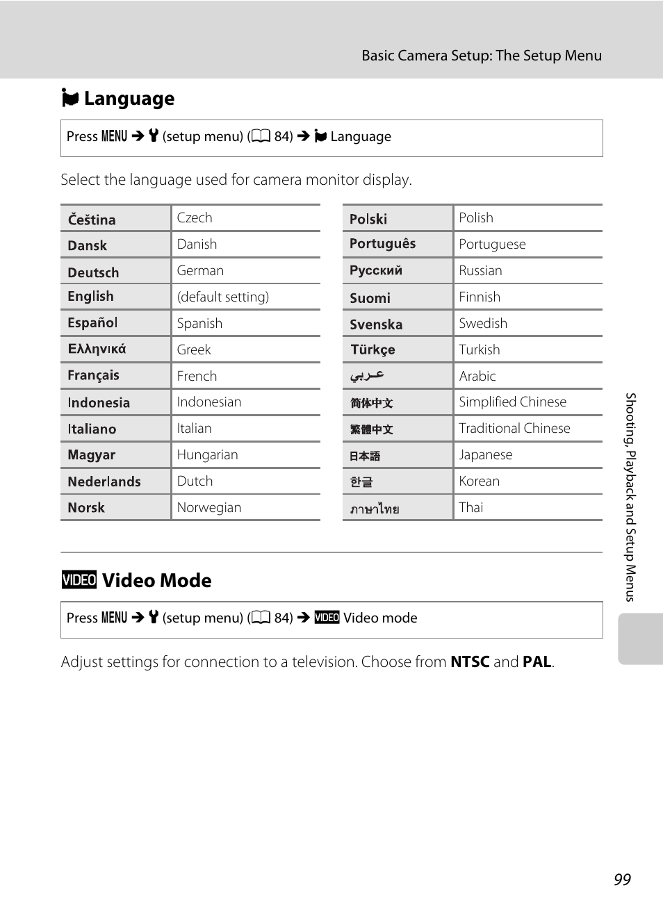 Language, Video mode, N language o video mode | A 99, N language, O video mode | Nikon Coolpix L24 User Manual | Page 111 / 144