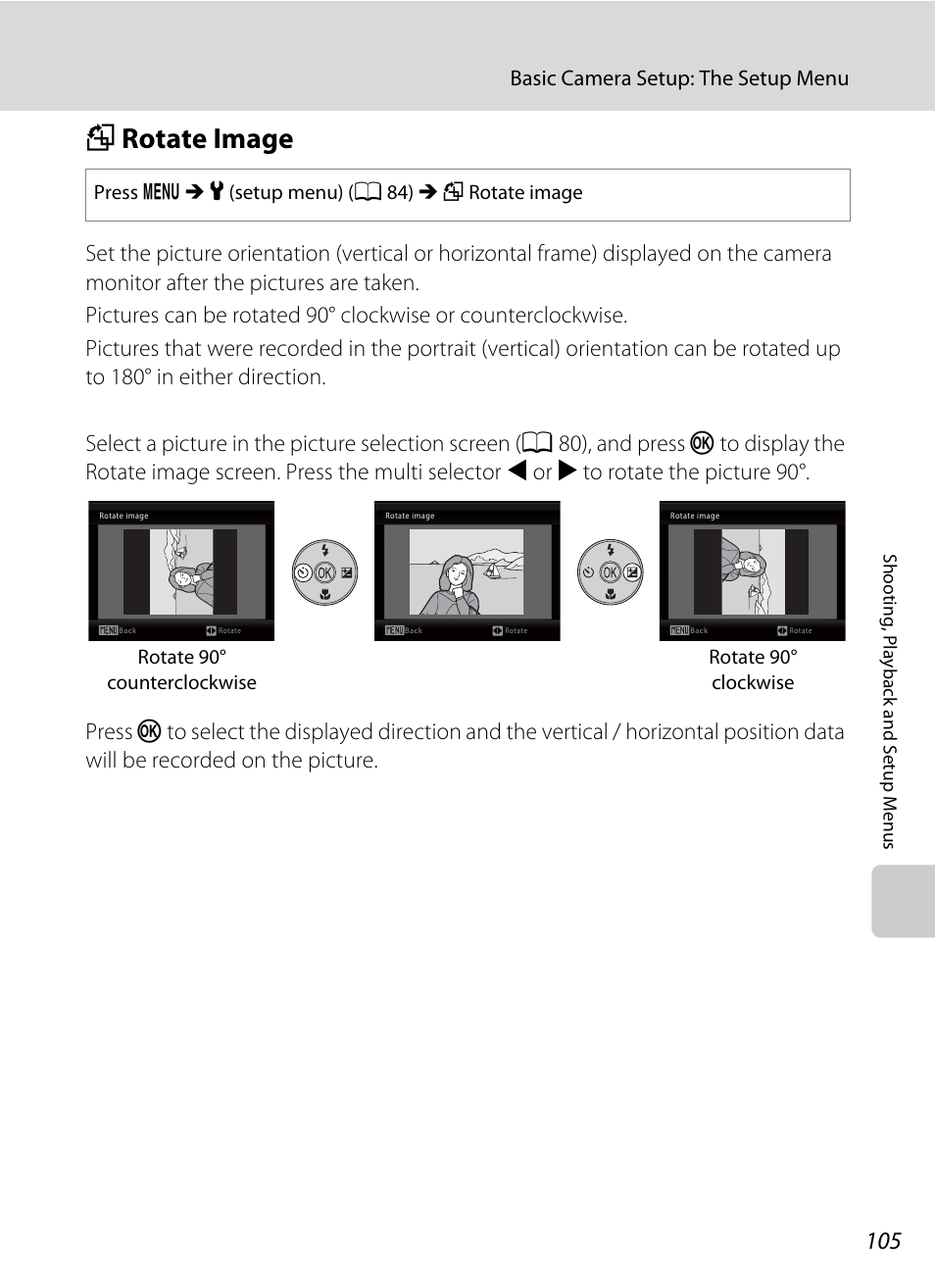 Rotate image, F rotate image, A 105) to change | A 105), A 105, Basic camera setup: the setup menu | Nikon Coolpix L24 User Manual | Page 117 / 144