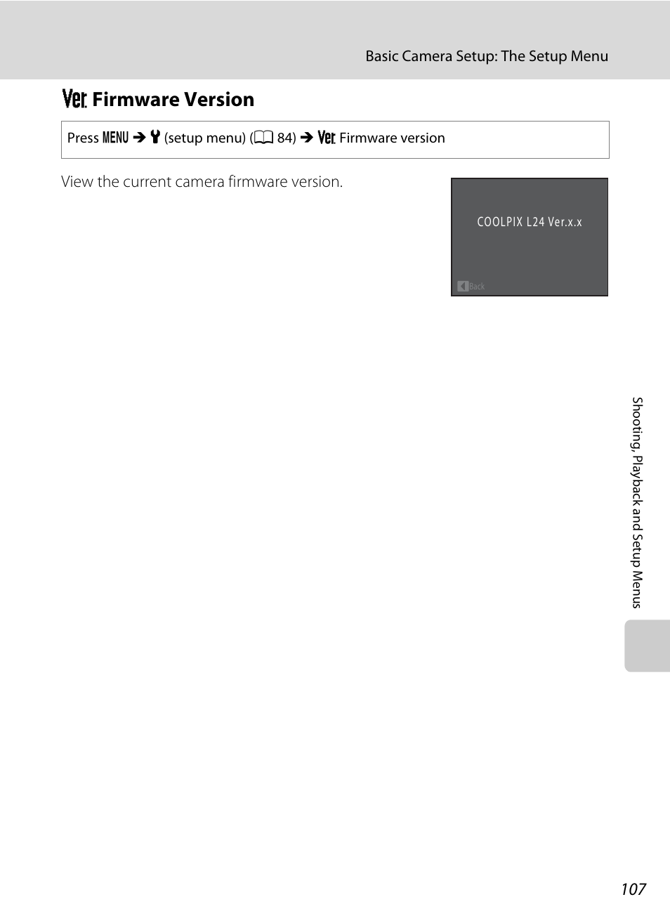 Firmware version, R firmware version, A 107 | Nikon Coolpix L24 User Manual | Page 119 / 144