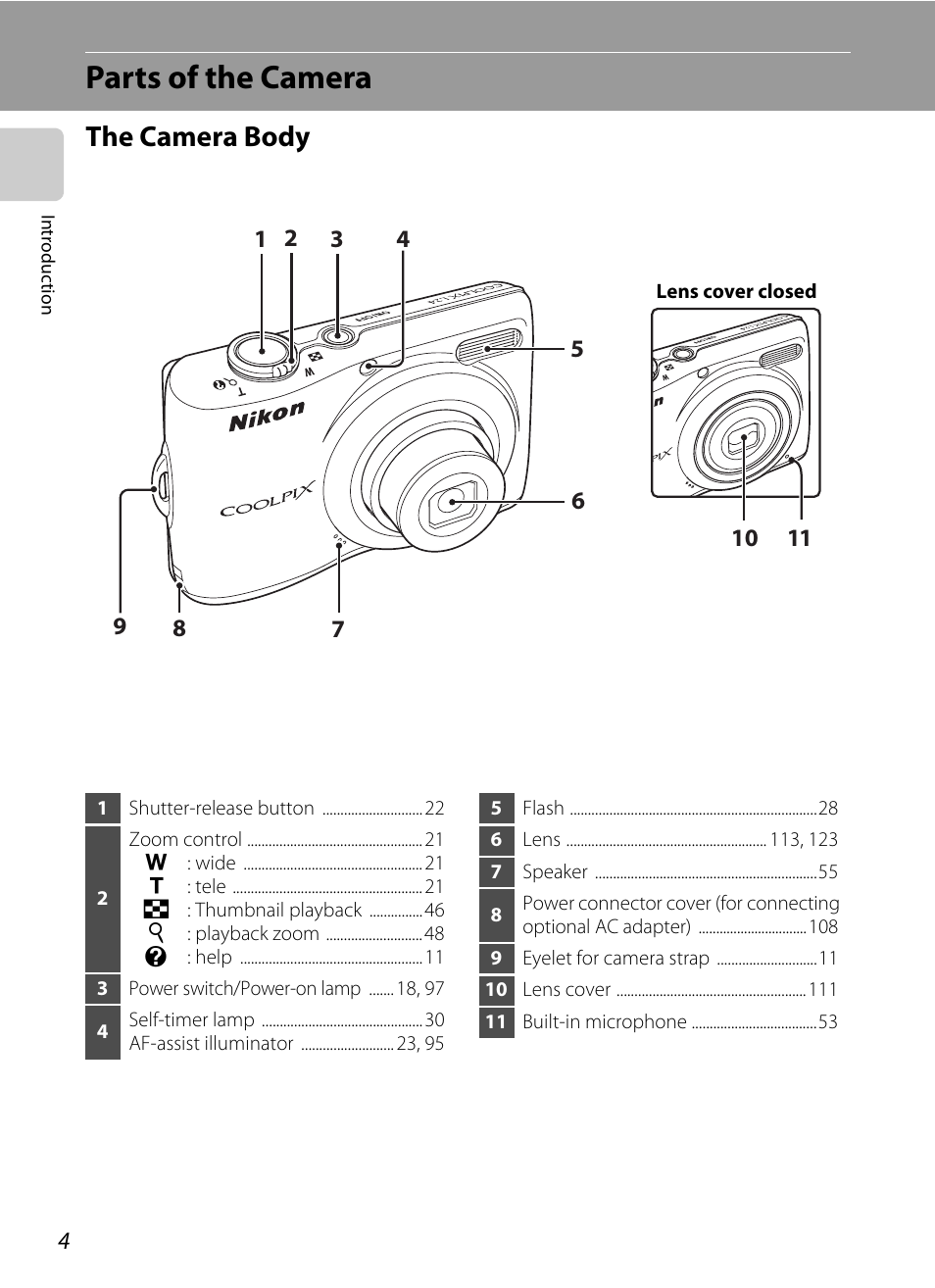 Parts of the camera, The camera body | Nikon Coolpix L24 User Manual | Page 16 / 144