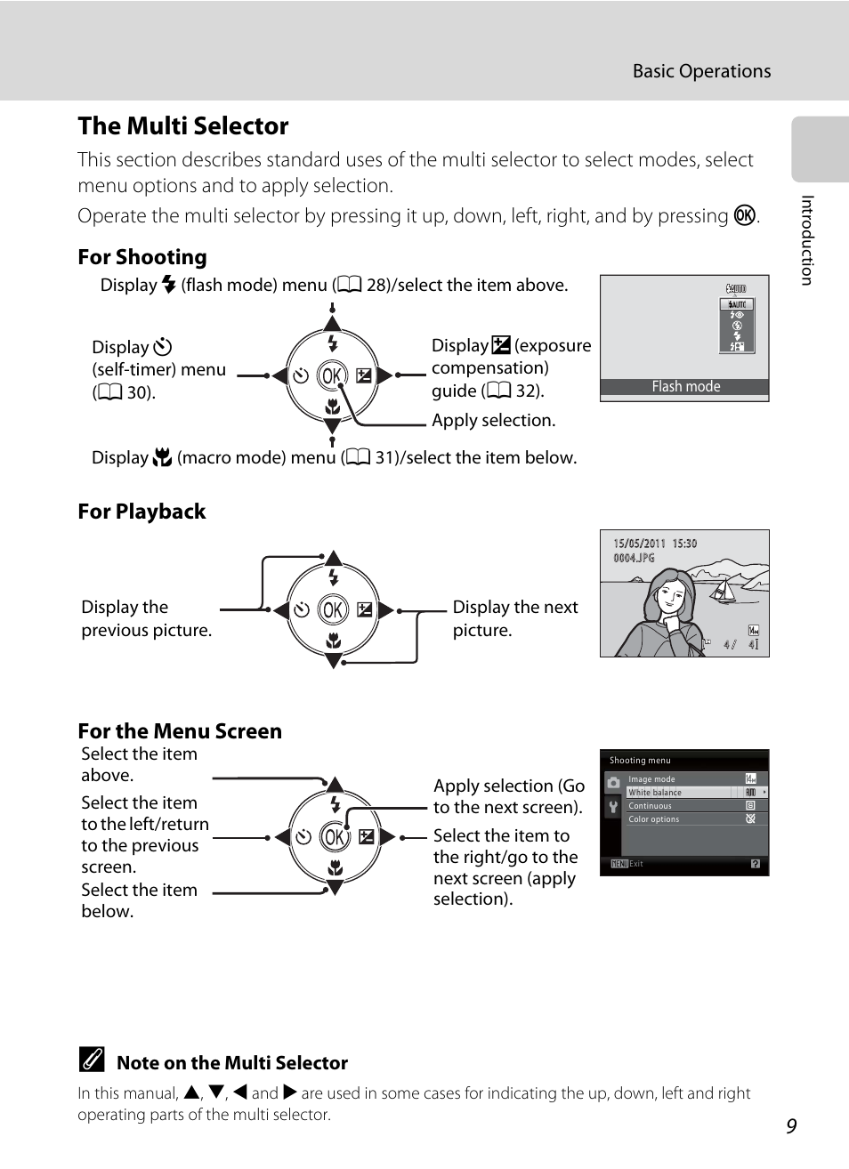 The multi selector, A 9) can be used to selec, For shooting for playback for the menu screen | Nikon Coolpix L24 User Manual | Page 21 / 144