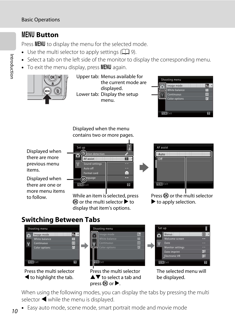 Menu button, Switching between tabs, D button switching between tabs | D button, Basic operations | Nikon Coolpix L24 User Manual | Page 22 / 144