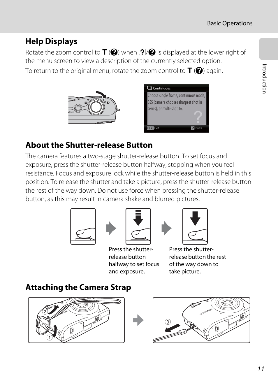 Help displays, About the shutter-release button, Attaching the camera strap | Nikon Coolpix L24 User Manual | Page 23 / 144